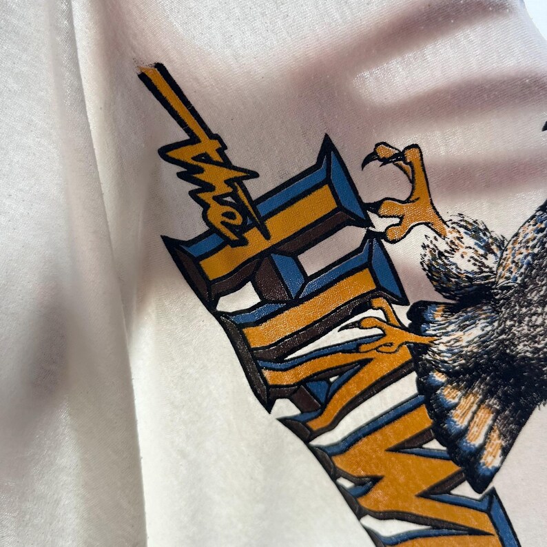 May include: Close-up of a white t-shirt featuring a graphic design. The design includes the word "EAGLE" in a stylized font with blue and gold accents, and a detailed illustration of an eagle's claw and feathers.