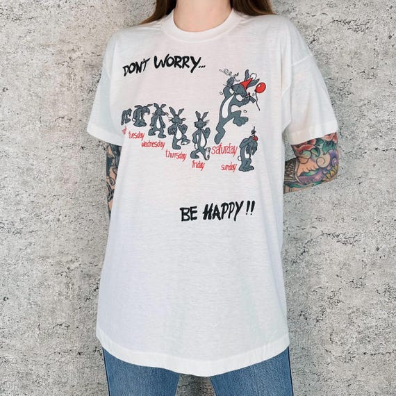 80's Soft Thin Don't Worry ... Be Happy Vintage Rabbit Funny Cartoon Tee Shirt T-Shirt