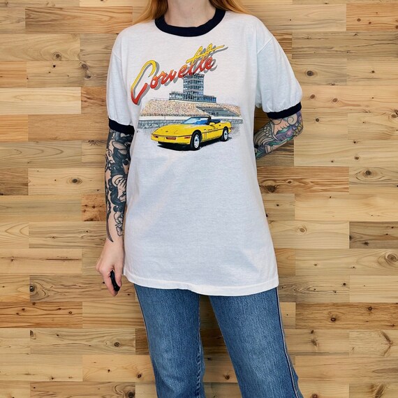 80's Vintage Chevrolet Corvette Car Ringer Tee Shirt T-Shirt