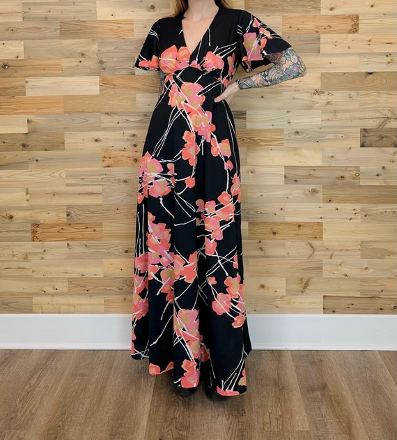60's Vintage Floral Retro Flutter Sleeve Long Maxi Dress