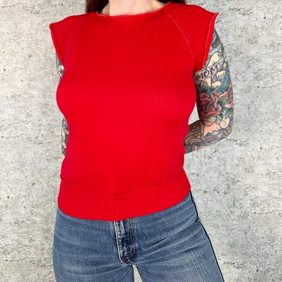 70's Vintage Soft Comfy Red Short Sleeve Raglan Pullover Sweater Top