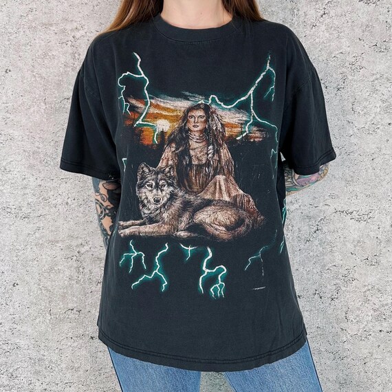 90's All Over Print Vintage USA Thunder Lightning Native American Wolf Tee Shirt T-Shirt