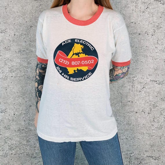 70's Vintage Ace Electric Paper Thin Soft Ringer Tee Shirt T-Shirt