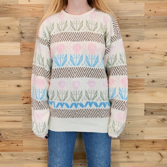 Vintage Pastel Tulip Floral Knit Pullover Sweater Top