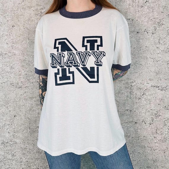 80's Vintage Soft Thin Navy Ringer Tee Shirt T-Shirt