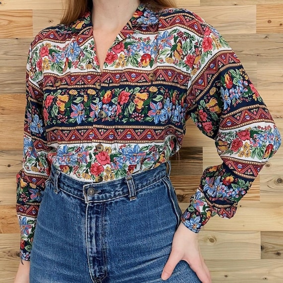 Vintage Floral Fruits Print Button Up Shirt