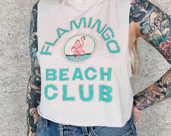 Camiseta corta de los 80, suave y fina, con estampado de flamencos, estilo club de playa.