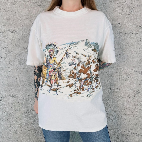 Vintage Estes Park Colorado Native American Wild Horses Wrap Print Tee Shirt T-Shirt