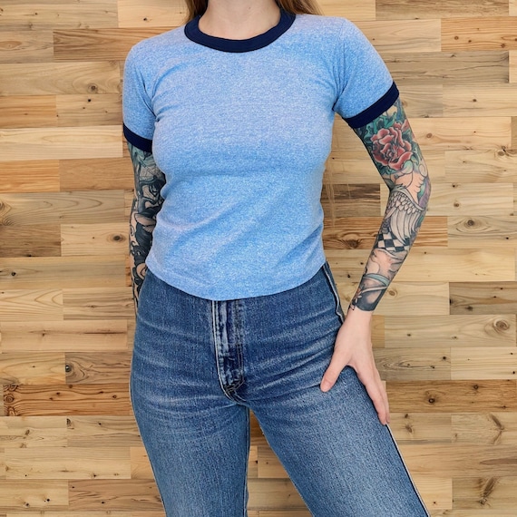 80's Soft Vintage Sky Blue Ringer Baby Tee Shirt / Youth Size Medium, Women's Size XXS-XS