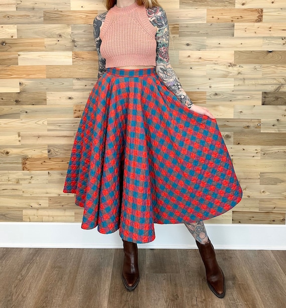 60's Vintage Plaid Quilt Charm of Hollywood Quilted Full Circle Swing Midi Skirt / Size 25 26