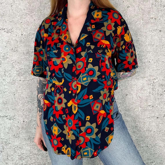 Vintage Bright Flowers and Birds Button Up Blouse Shirt Top