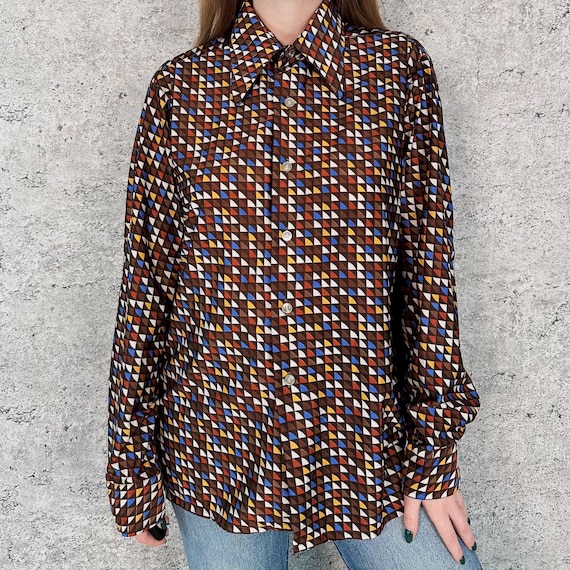 1970's Geometric Print Soft Long Sleeve Dagger Collar Shirt