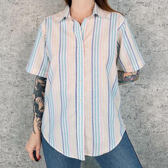 Vintage Land's End Pastel Striped Oxford Button Up Short Sleeve Blouse Top Shirt
