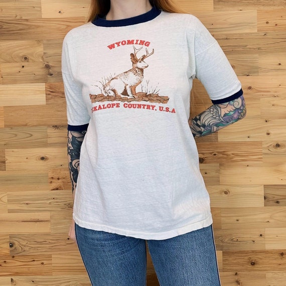 60's Vintage Wyoming Jackalope Country, U.S.A. Ringer Tee Shirt T-Shirt