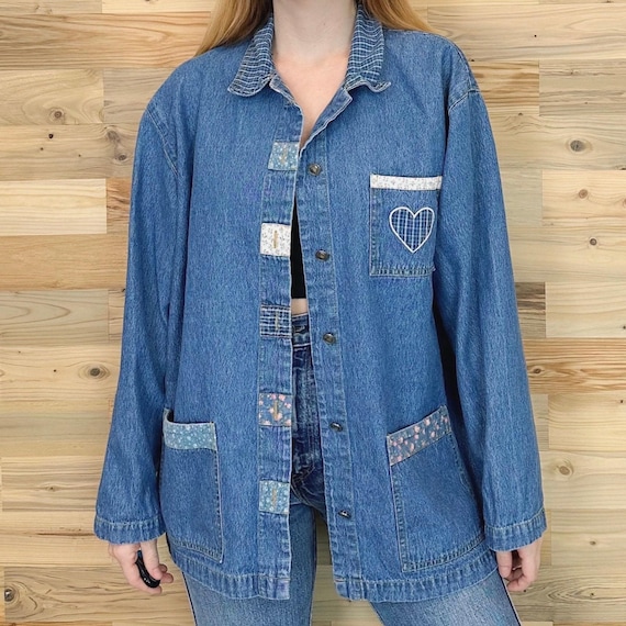90's Vintage Denim Blue Jean Heart Patch Button Up Chore Coat Jacket