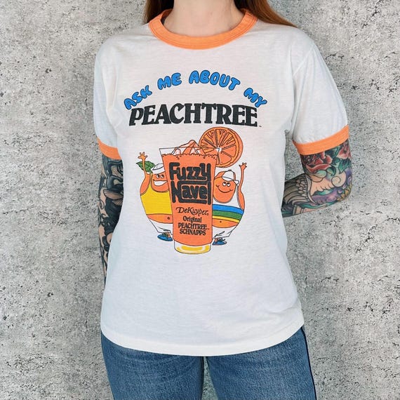 Vintage Ask Me About My Peachtree Fuzzy Navel DeKuyper Ringer Tee Shirt T-Shirt