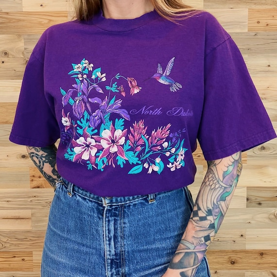 Vintage 90's North Dakota Hummingbird and Flowers Travel Tee Shirt T-Shirt