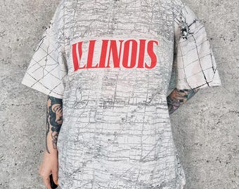 Camiseta vintage con estampado integral del mapa del estado de Illinois