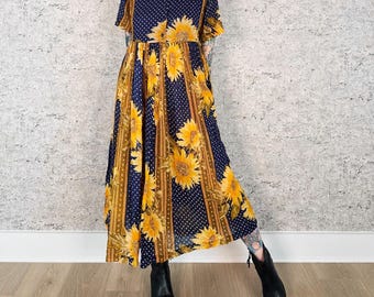 90's Vintage Sunflower Print Babydoll Light Summer Maxi Dress