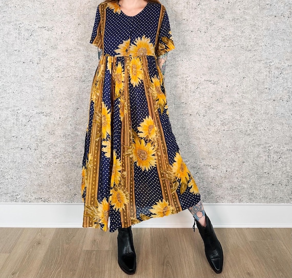90's Vintage Sunflower Print Babydoll Light Summer Maxi Dress
