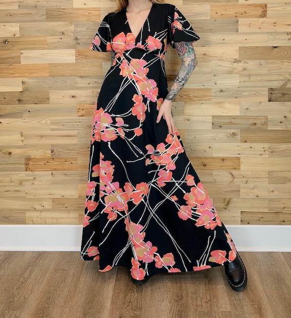 60's Vintage Floral Retro Flutter Sleeve Long Maxi Dress