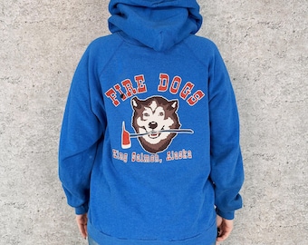 80's King Salmon Alaska Fire Dogs Vintage Soft Worn Hoodie Sweatshirt