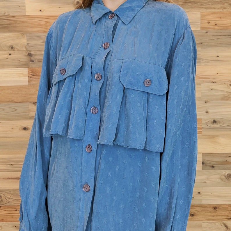 Vintage Silk Blue Ruffled Button Up Blouse image 5