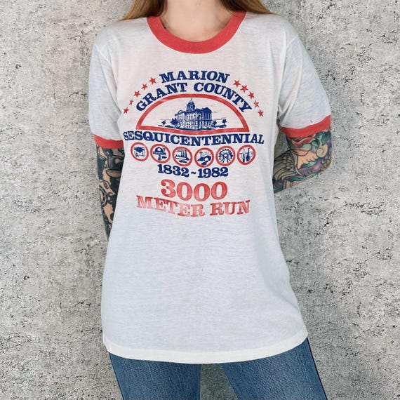 1982 Paper Thin Soft Vintage Marion Grant County Ringer Tee Shirt T-Shirt