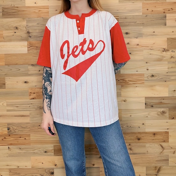 Vintage Jets Baseball Jersey Style Pinstriped Raglan Henley Tee Shirt