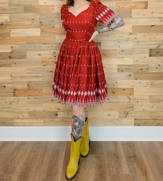 Vintage 60's Embroidered Romantic Red Sweetheart Dress Vintage 60's Embroidered Romantic Red Sweetheart Dress