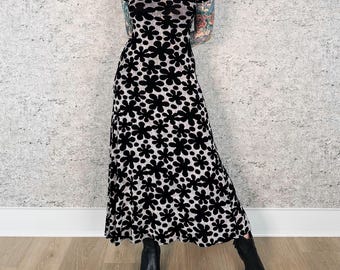 90's Vintage Slinky Black and White Floral Print Maxi Dress