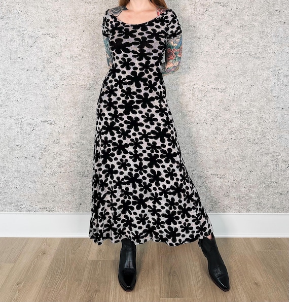 90's Vintage Slinky Black and White Floral Print Maxi Dress