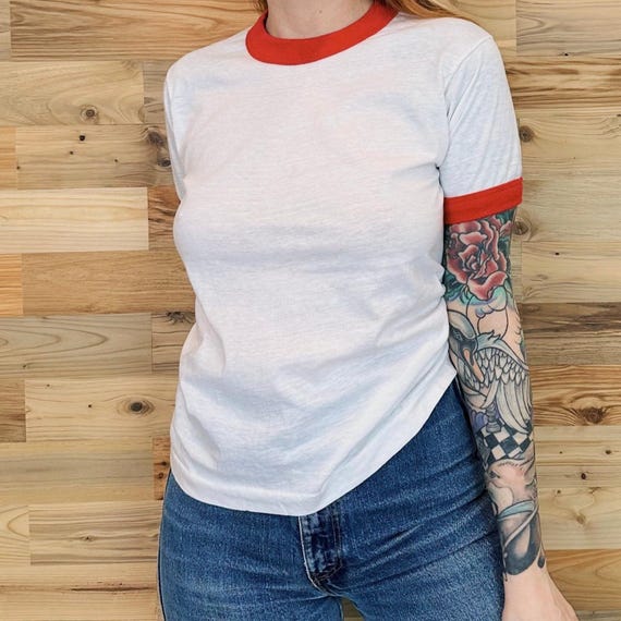 80's Soft and Thin Vintage Ringer Baby Tee / Youth Medium, Women's XS