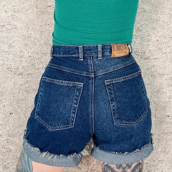 90's High Rise Long Length Cut Off Vintage Jean Shorts / Size 27 28