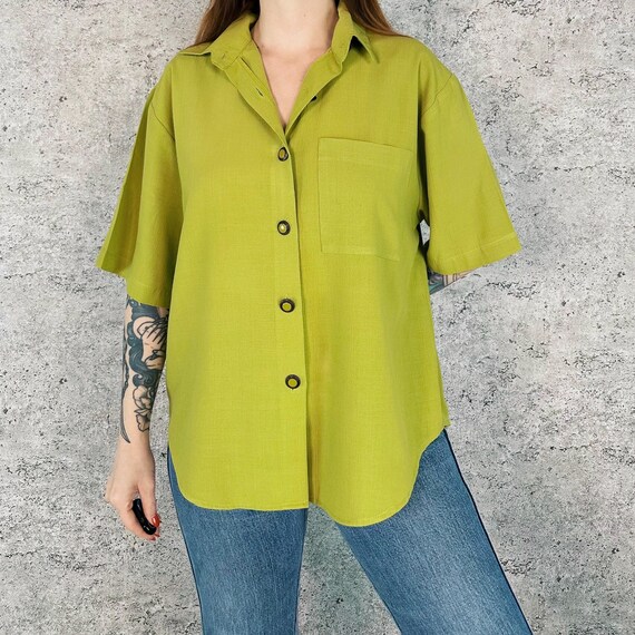 90's Vintage Oversized Green Button Up Short Sleeve Blouse Top Shirt