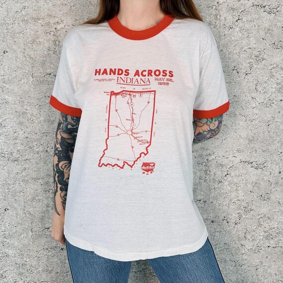 80's Vintage Hands Across American Indiana Ringer Tee Shirt T-Shirt