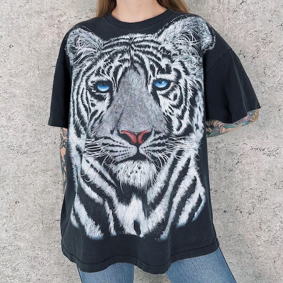 Vintage White Tiger Full Print Nature Animal Print Tee Shirt T-Shirt