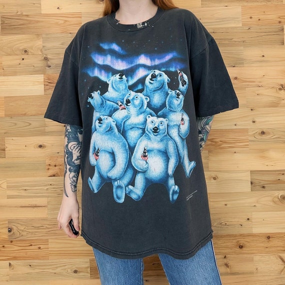 1994 Coca-Cola Polar Bears Vintage Faded Worn All Over Front Back Print Tee Shirt T-Shirt