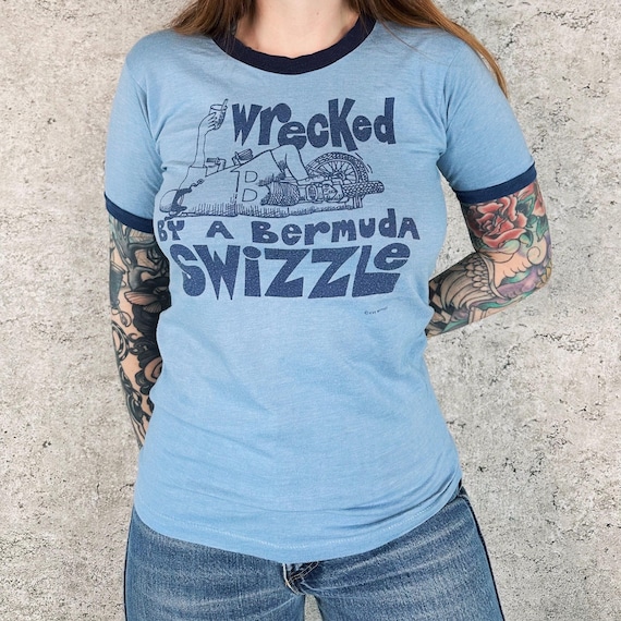 1970's Funny Wrecked By A Bermuda Sizzle Vintage Ringer Baby Tee Shirt T-Shirt