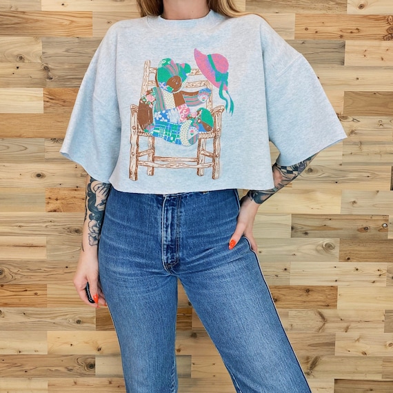 90's Cropped Patchwork Teddy Bear Pullover Sweatshirt Top