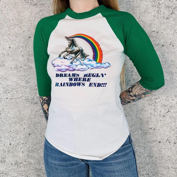 70's Unicorn Dreams Begin Where Rainbows End Iron-On Graphic Tee Shirt T-Shirt
