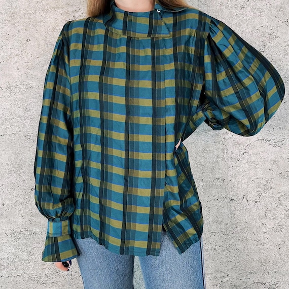 Escada Vintage Designer Pure Silk Plaid Blouse Top