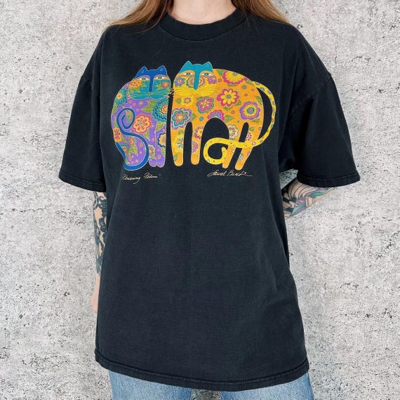 Laurel Burch Vintage Flowering Felines Cat Art T-Shirt Tee Shirt