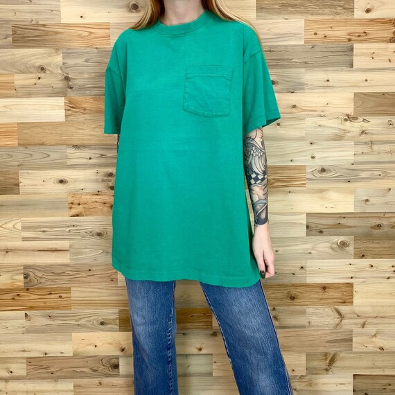 90's Vintage Faded Worn Green Crewneck Pocket Tee Shirt T-Shirt