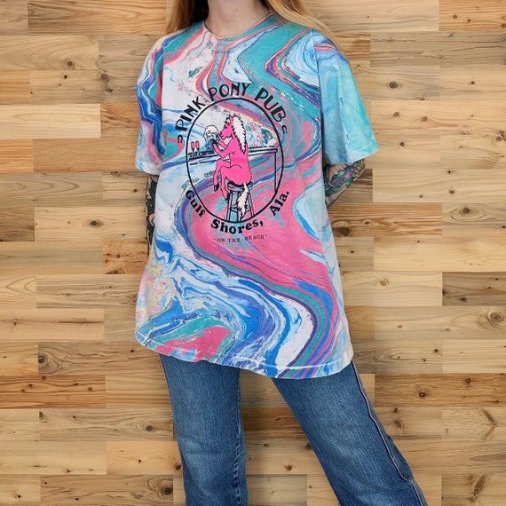 80's Vintage Pink Pony Pub Gulf Shores Alabama Marble Tie Dye Tee Shirt T-Shirt