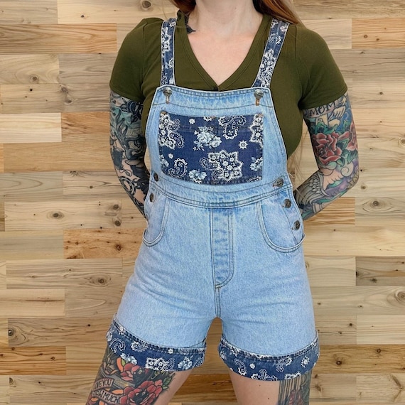 Vintage Blue Jean Denim Paisley Print Shortalls Overall Shorts / Size XXS Petite