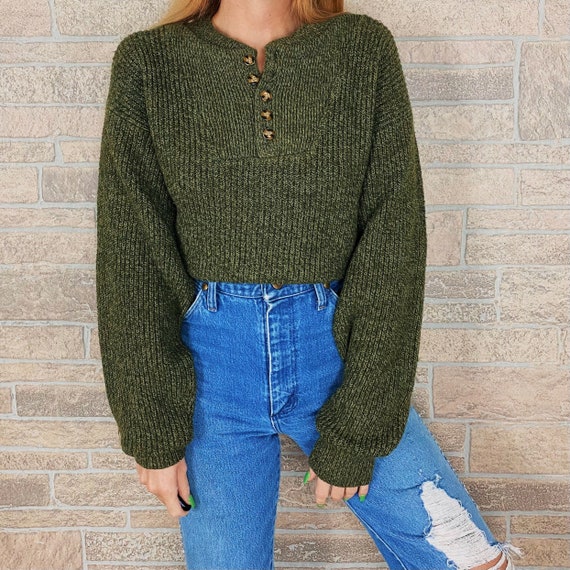 Olive Green Henley Fisherman Pullover Sweater