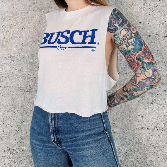 80's Busch Beer Thin Soft Vintage Cropped Sleeveless Tee Shirt Tank Top