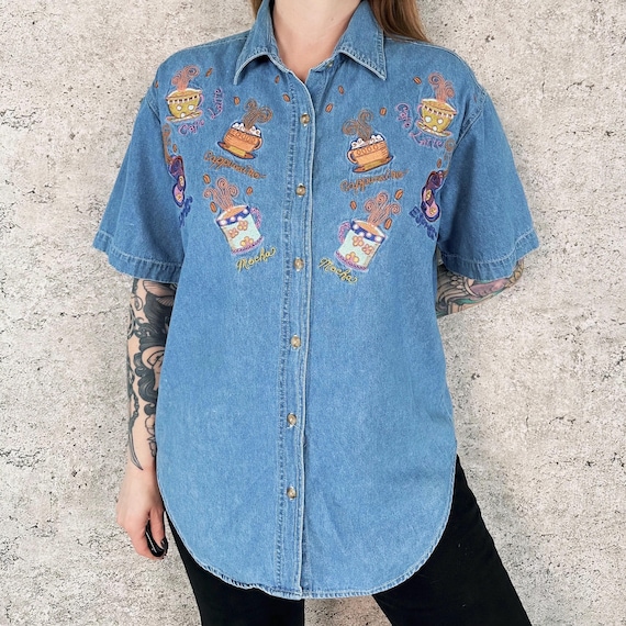Embroidered Café Barista Espresso 90's Vintage Blue Jean Denim Shirt