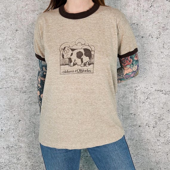 70's Vintage Cartoon Cow Novelty Print Ringer Tee Shirt T-Shirt